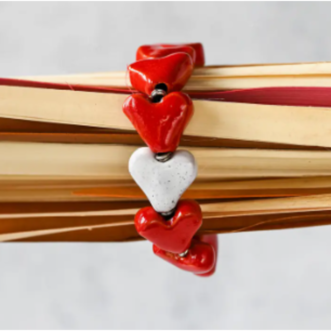 Red & White Ceramic Heart Bracelet