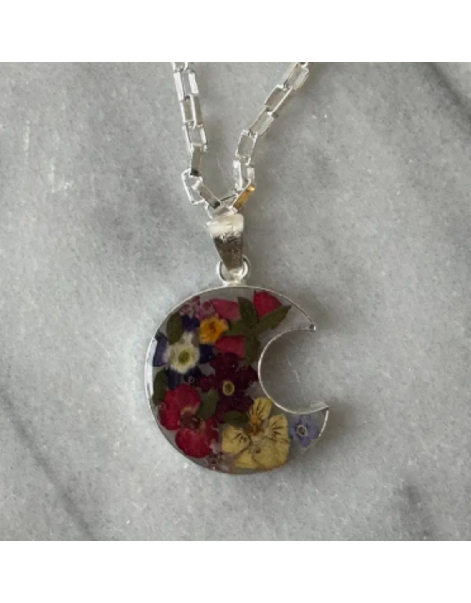 Mexico Pressed Flower Crescent Pendant Necklace, Mexico