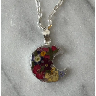 Mexico Pressed Flower Crescent Pendant Necklace