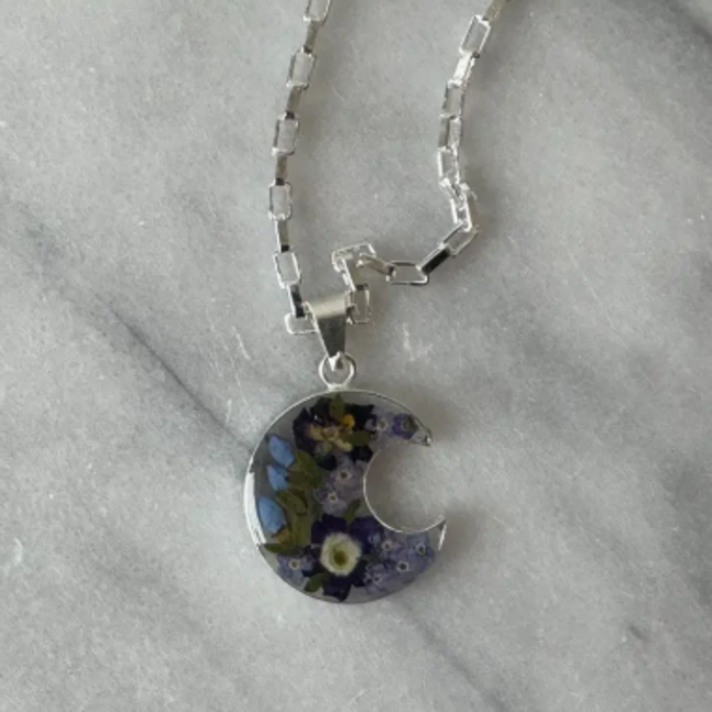 Pressed Flower Crescent Pendant Necklace