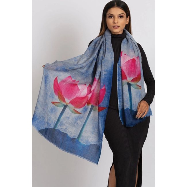 Reena Fine Wool Shawl - Blue & Pink Lotus