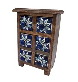 India Wooden Mini Chest w/ 6 Blue & White Drawers, India