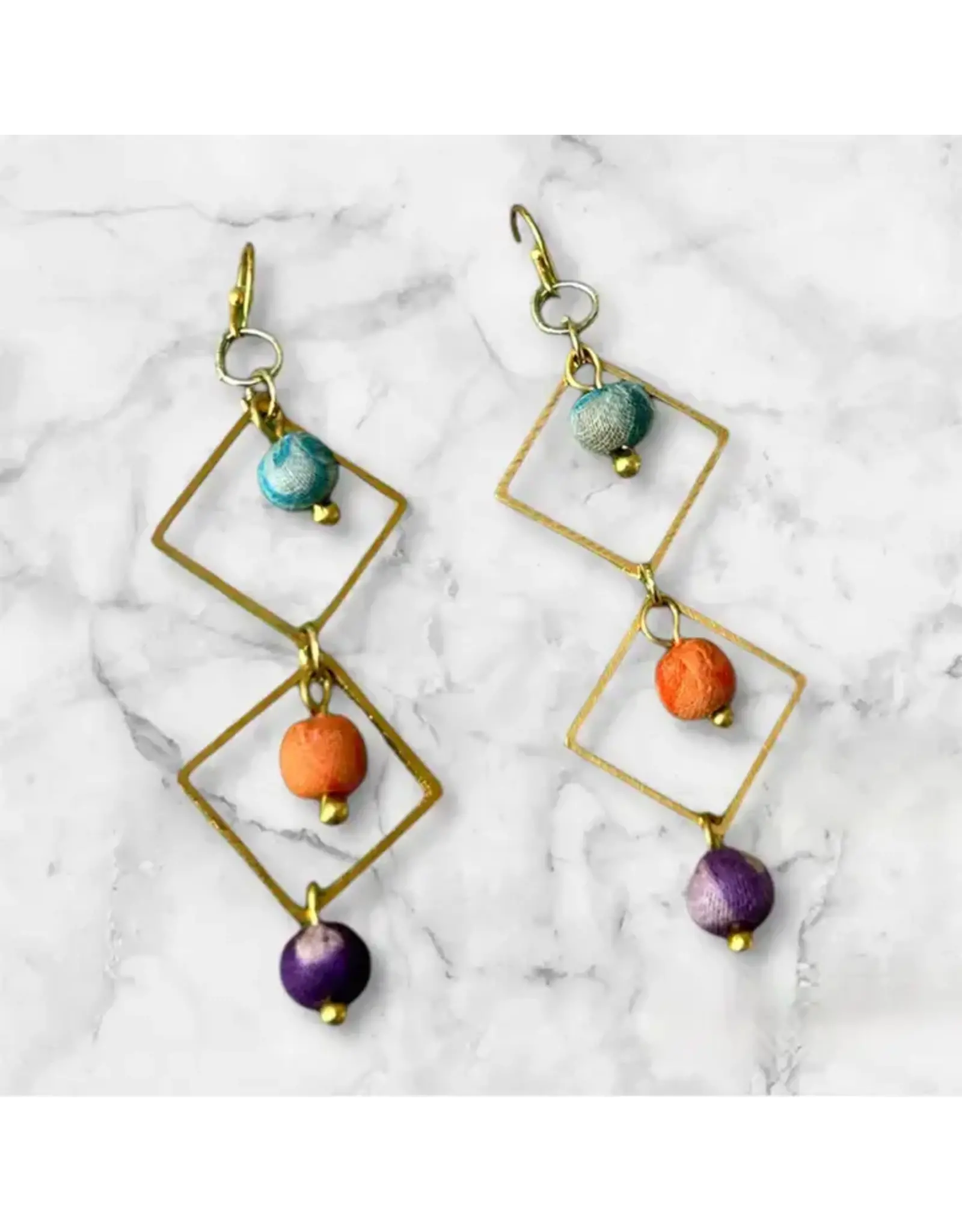 India Triple Sari Beads Geometric Drop Earrings