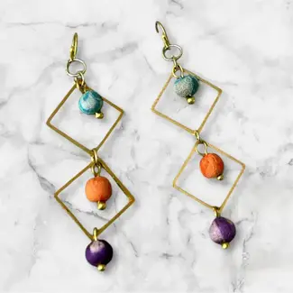 India Triple Sari Beads Geometric Drop Earrings