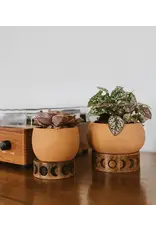 India Indukala Moon Phase Terracotta Plant Pot w/ Wood Stand