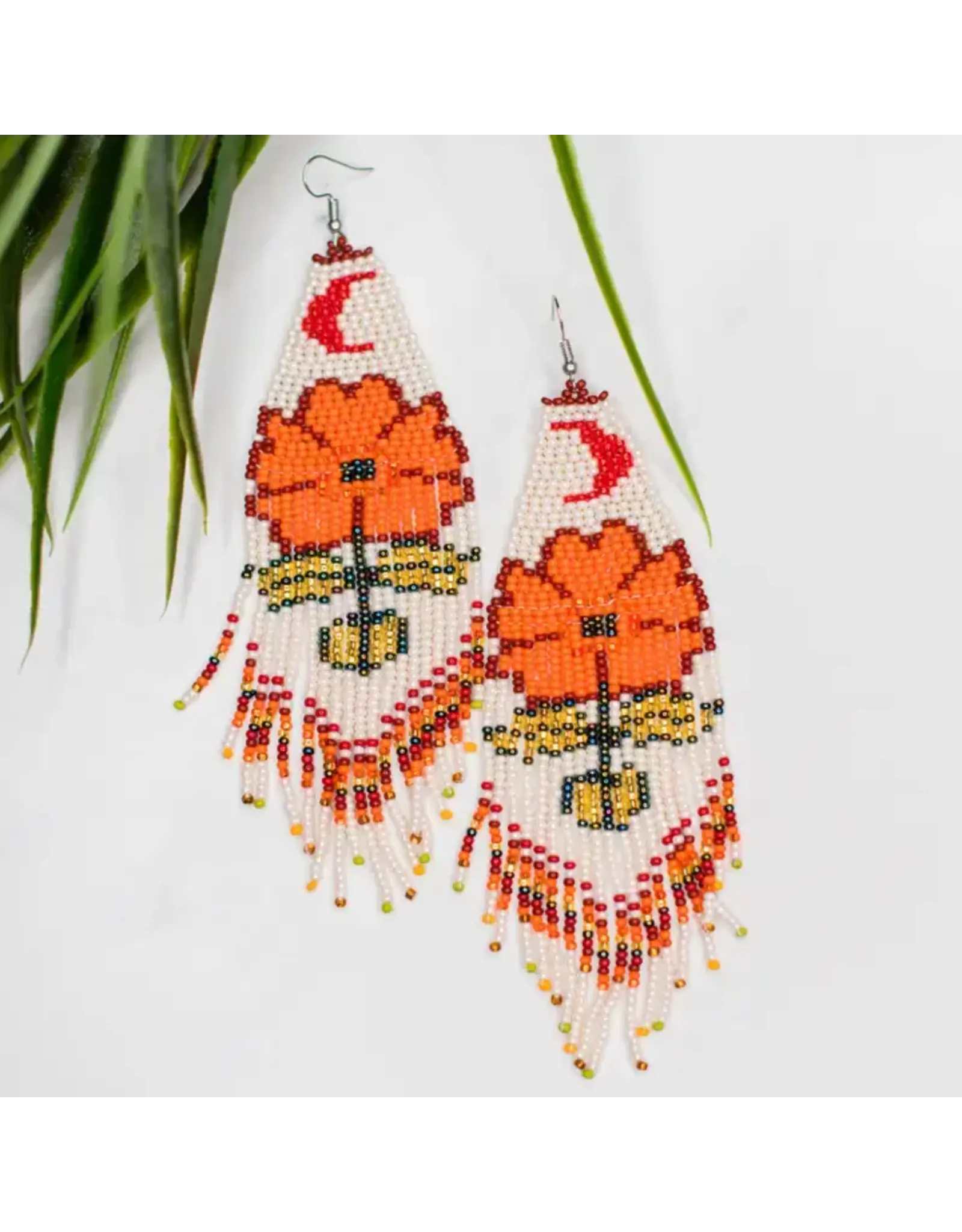 Guatemala Beaded Moonflower Earrings - Orange