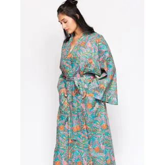 India Reva Block Print Kimono Robe - Blue Multi India Reva Block Print Kimono Robe - Blue Multi