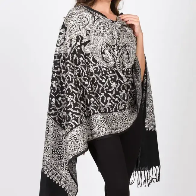 Sanika Embroidered Shawl - Black & Silver