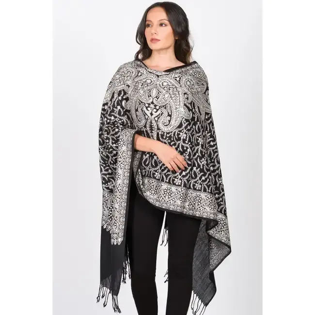 Sanika Embroidered Shawl - Black & Silver