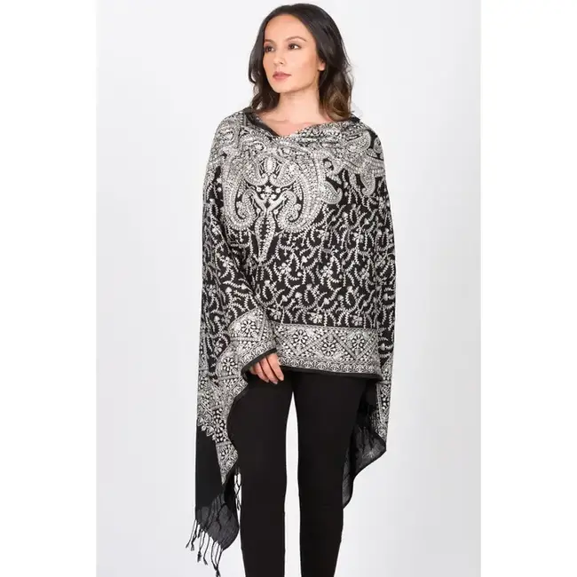 Sanika Embroidered Shawl - Black & Silver