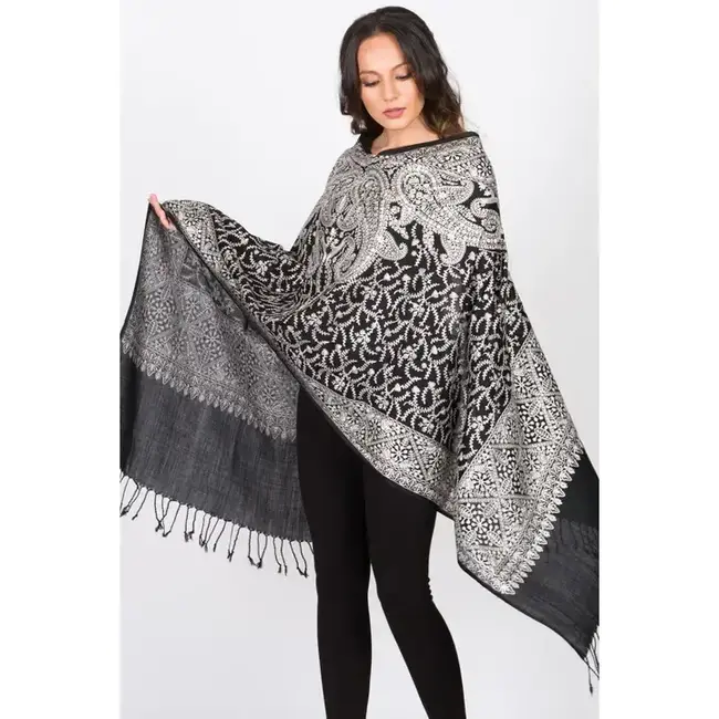 Sanika Embroidered Shawl - Black & Silver