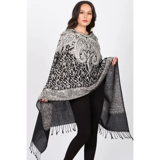 Sanika Embroidered Shawl - Black & Silver