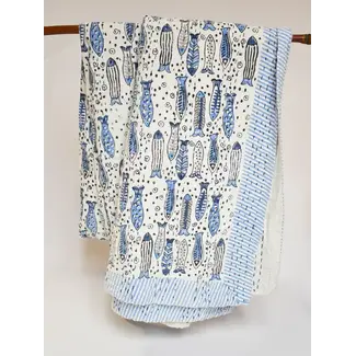 India Kantha Baby Blanket - Block Printed Fish