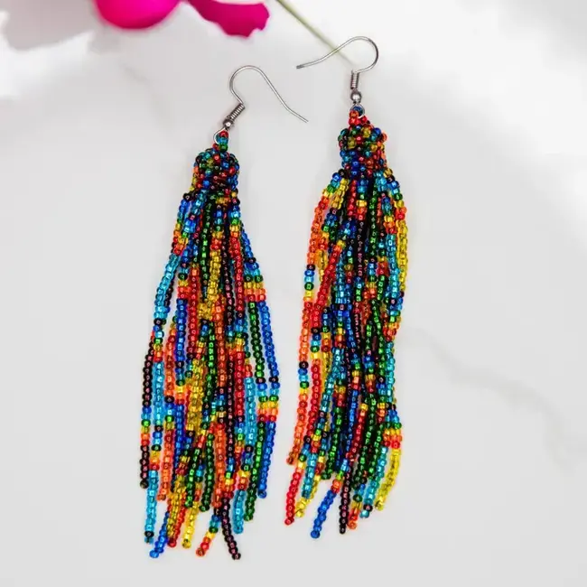 Rainbow Beaded Tassel Earrings