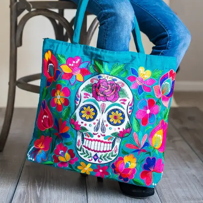 Sugar Skull Skeleton Embroidered Tote Bag