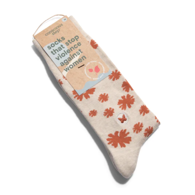 Conscious Step Crew Socks That Stop Violence Against Women - Tan w/ Flowers