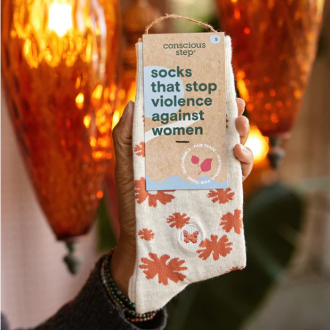Conscious Step Crew Socks That Stop Violence Against Women - Tan w/ Flowers