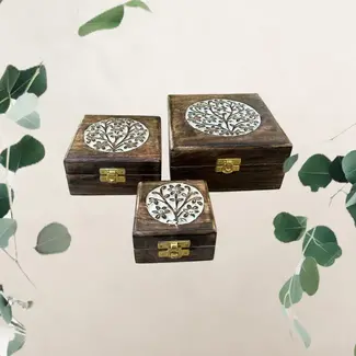 India Wooden Box w/ Latch & Tree Engraving