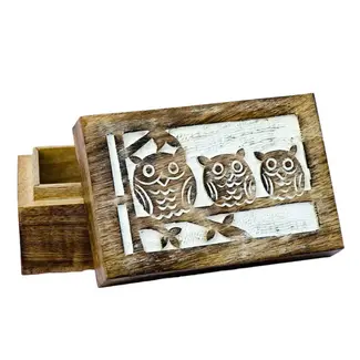 India Three Wise Owls Whitewash Wood Box