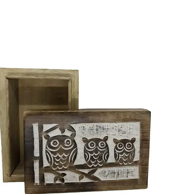 Keepsake Box - White Washed Three Wise Owls