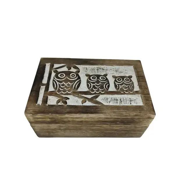 Three Wise Owls Whitewash Wood Box