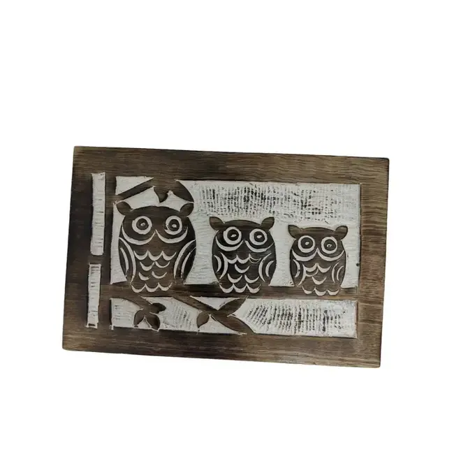 Three Wise Owls Whitewash Wood Box