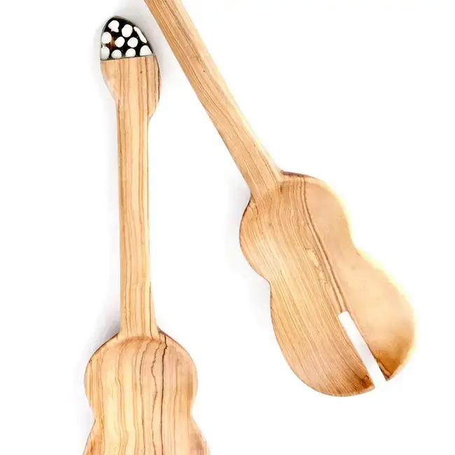 Wild Olive Wood Guitar Salad Server Set w/ Bone Handles