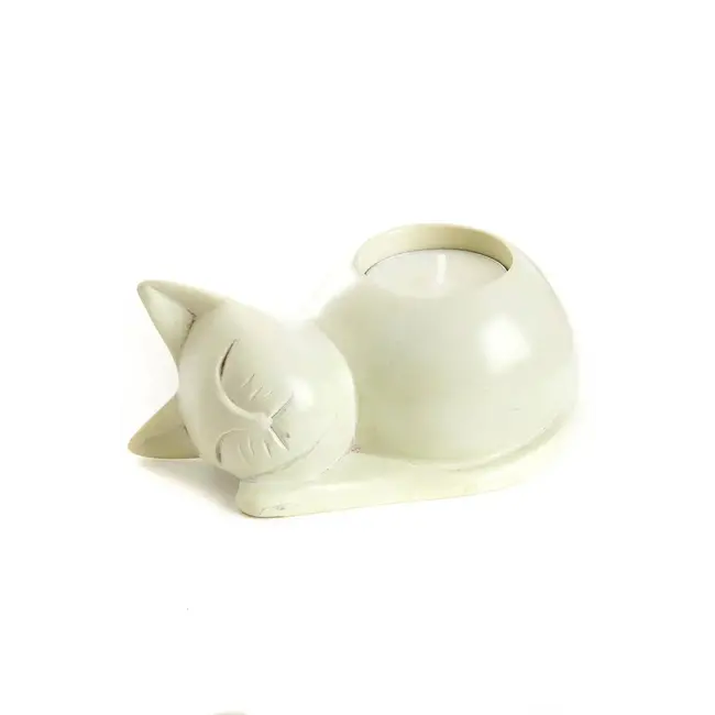 Natural Soapstone Cozy Cat Tea Light Candle Holder
