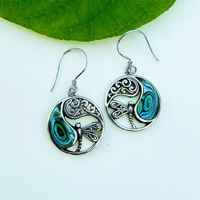 Abalone Dragonfly Circle Earrings - Sterling Silver