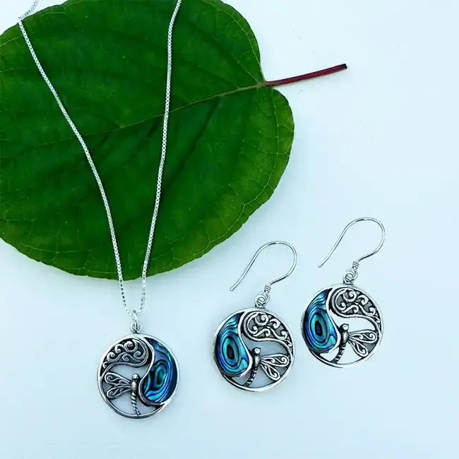 Abalone Dragonfly Circle Earrings - Sterling Silver