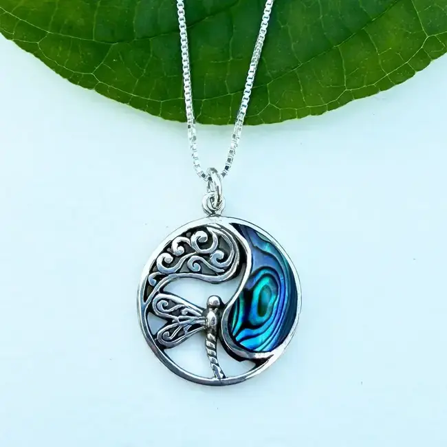 Abalone Dragonfly Circle Necklace - Sterling Silver