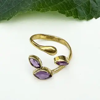 Indonesia Amethyst Leaf Ring - Brass