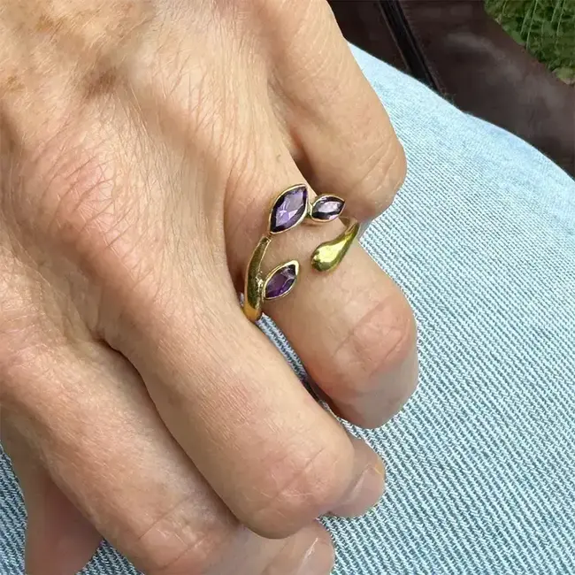 Amethyst Leaf Ring - Brass