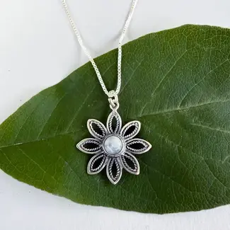 Indonesia Rainbow Moonstone Flower Necklace - Sterling Silver