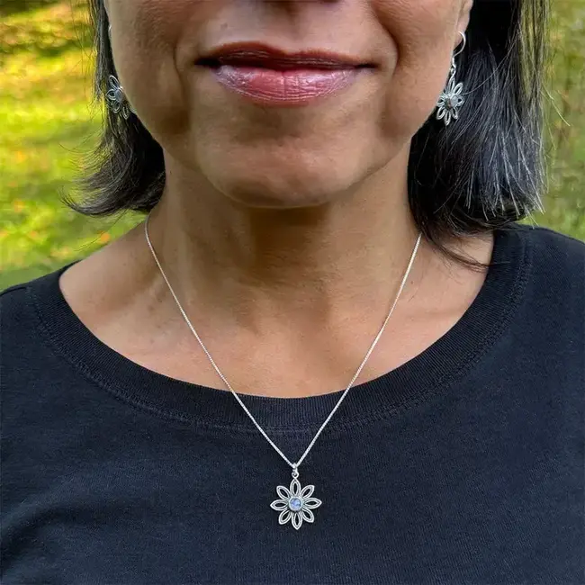 Rainbow Moonstone Flower Necklace - Sterling Silver
