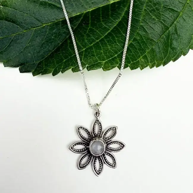 Rainbow Moonstone Flower Necklace - Sterling Silver