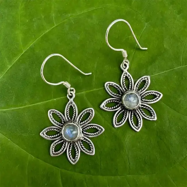 Rainbow Moonstone Flower Earrings - Sterling Silver