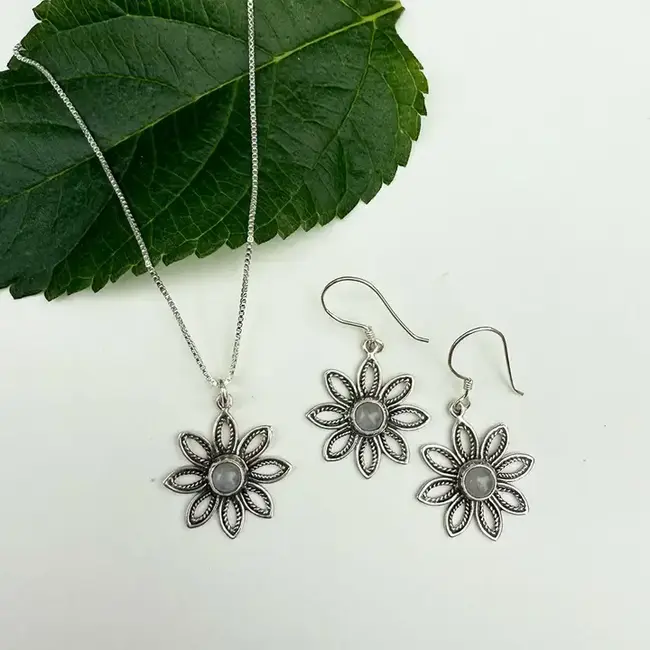 Rainbow Moonstone Flower Earrings - Sterling Silver
