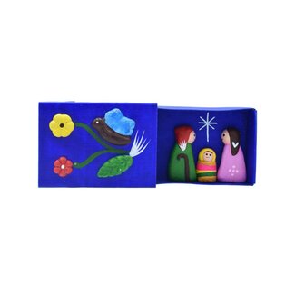 Peru Nativity in a Matchbox, 3 Ceramic Pieces in Blue Floral Box