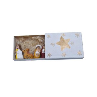 Peru Nativity in a Matchbox, 5 Ceramic Pieces in White & Gold Box