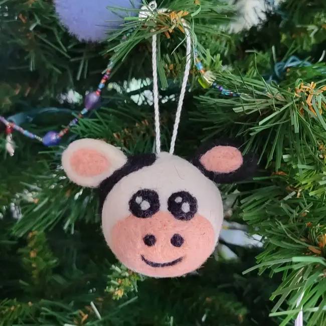 Felted Wool Ball Ornament - Cow