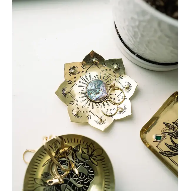 Etched Brass & Abalone Lotus Trinket Dish