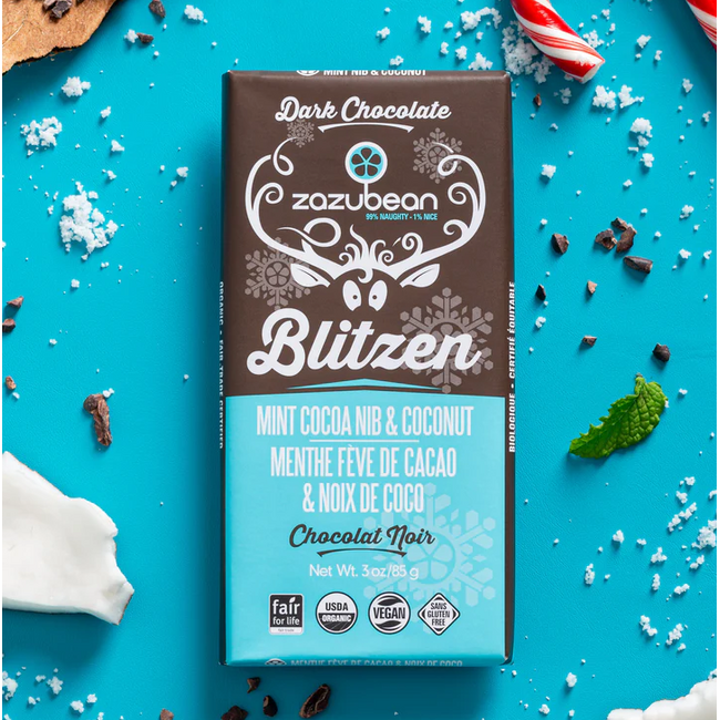Zazubean Blitzen - Mint Cocoa Nib & Coconut Dark Chocolate Bar 85g