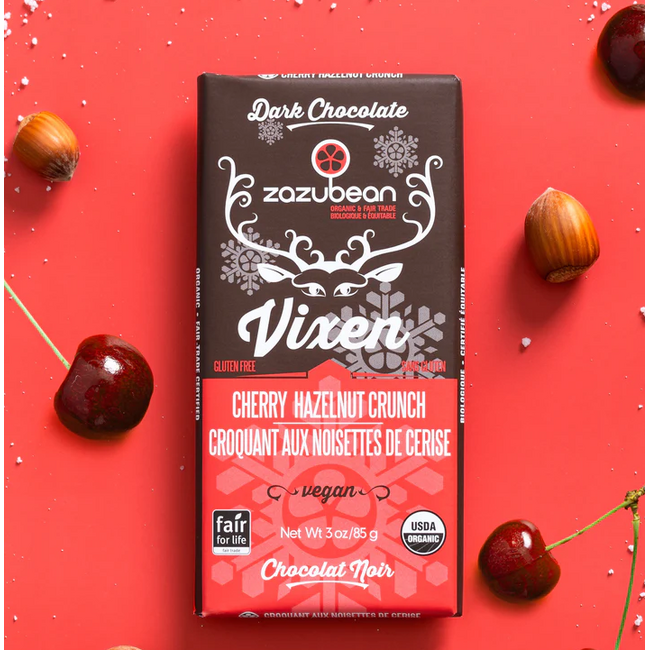 Zazubean Vixen - Cherry Hazelnut Crunch Dark Chocolate Bar 85g