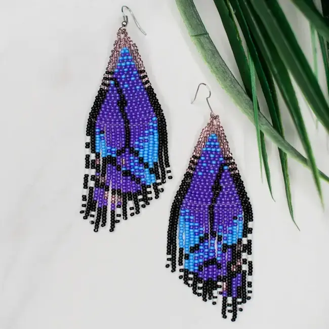 Beaded Purple Butterfly Fringe Earrings