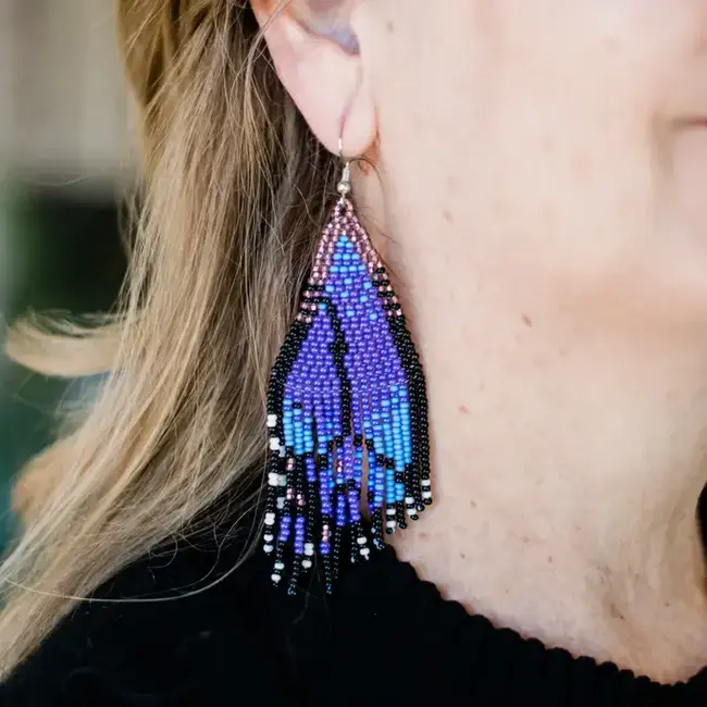 Beaded Purple Butterfly Fringe Earrings