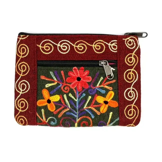Embroidered Floral 2-Zip Accessory Purse