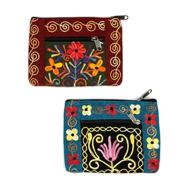 Embroidered Floral 2-Zip Accessory Purse