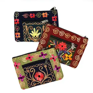 Nepal Embroidered Floral 2-Zip Accessory Purse