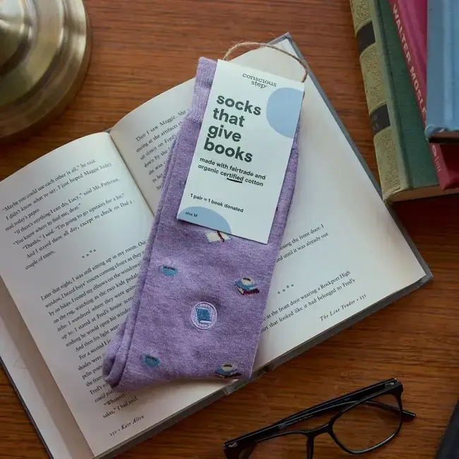 Crew Socks that Give Books - Purple Books & Mugs
